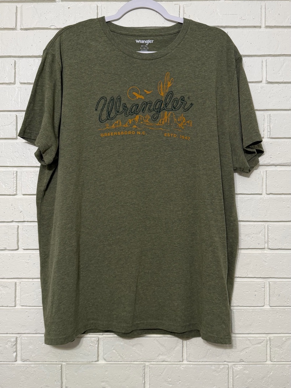 Wrangler Desert Graphic Tee Olive Green Western Cowboy Logo T-Shirt Men’s XL